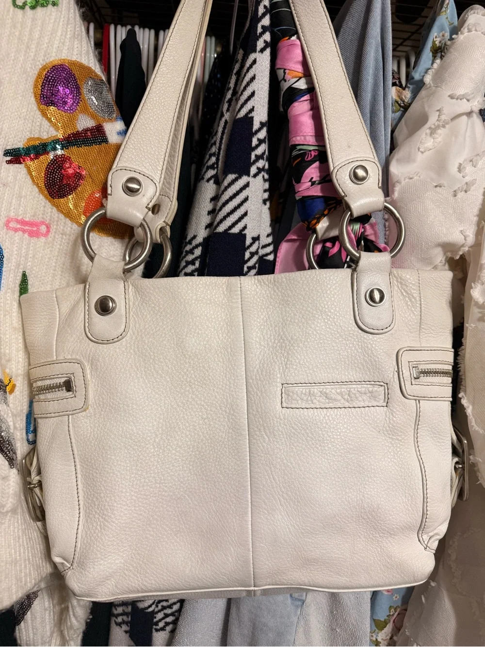 b. makowsky White Leather Shoulder Bag with Silver Hardware
